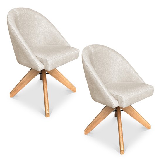 Kit 02 Poltronas Cadeira Giratória Bela Linho Bege Base de Madeira - Pallazio