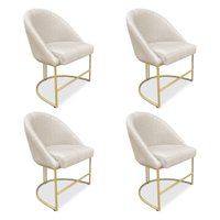 Kit 04 Cadeiras Poltrona de Jantar Bela Linho Bege Base Metálica Industrial Dourado - Pallazio