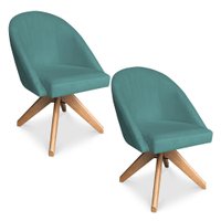 Kit 02 Poltronas Cadeira Giratória Bela Suede Azul Turquesa Base de Madeira - Pallazio