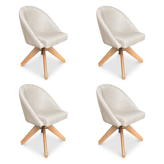 Kit 04 Poltronas Cadeira Giratória Bela Linho Bege Base de Madeira - Pallazio