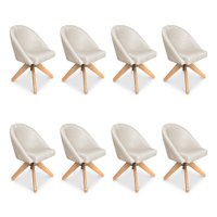 Kit 08 Poltronas Cadeira Giratória Bela Linho Bege Base de Madeira - Pallazio