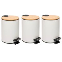 Kit 3 Lixeiras Redonda 5L Metal com Pedal Branca Tampa Bambu