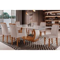 Sala de Jantar Completa Jade Tampo Madeirado c/ Vidro Curvo 180x90 e 6 Cadeiras Amsterdã Capuccino/Suede Creme - Rufato