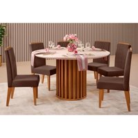 Sala de Jantar Completa Viena Tampo Madeirado c/ Vidro 136cm e 6 Cadeiras Bia Freijo/Off White - Suede Moca - DJ Móveis