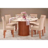 Sala de Jantar Completa Viena Tampo Madeirado c/ Vidro 136cm e 6 Cadeiras Zoe Freijo/Off White - Suede Creme - DJ Móveis
