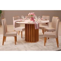 Sala de Jantar Completa Viena Tampo Madeirado c/ Vidro 136cm e 6 Cadeiras Lia Freijo/Off White - Suede Kraft - DJ Móveis