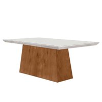 Mesa de Sala Jantar Luna Com Tampo 180x90cm Madeirado Vidro Canto Curvo - Imbuia/Ripado 3D/Off White - Rufato