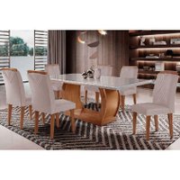 Sala de Jantar Completa Jade Tampo Madeirado C/ Vidro Curvo 180x90 e 6 Cadeiras Amsterdã Capuccino/Suede Creme - Rufato