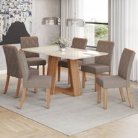 Conjunto Sala de Jantar Lins 160 Cm Canto Reto com Vidro 6 Cadeiras Nature/Off White e Bege