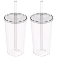 Kit 2 Copos com Tampa e Canudo 500ml Crippa Transparente Plástico Água Suco Bebidas