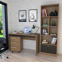 Conjunto Mesa, Gaveteiro e Livreiro Home Office Nova Mobile Mel/Preto