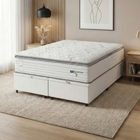 Cama Box Baú Casal King Colchão Molas Guarda Costas Max Com Pillow 193x203x81cm Branco/Cinza