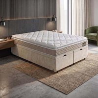 Cama Box Baú Casal Queen Colchão Espuma D33 Pillow Top Millenium 158x198x60cm Suede Bege/Branco
