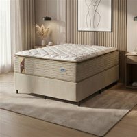 Cama Box Casal King Colchão Molas Guarda Costas Max Com Pillow 193x203x78cm Suede Bege/Branco