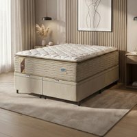 Cama Box Baú Casal King Colchão Molas Guarda Costas Max Com Pillow 193x203x81cm Suede Bege/Branco