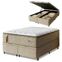 Cama Box Baú Casal King Colchão Molas Guarda Costas Max Com Pillow 193x203x81cm Suede Bege/Branco