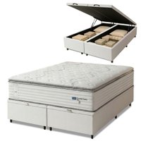 Cama Box Baú Casal Queen Colchão Molas Guarda Costas Com Pillow 158x198x81cm Branco/Cinza