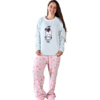 Conjunto Pijama de Plush Adulto Super Quentinho e Divertido Pug Azul - G