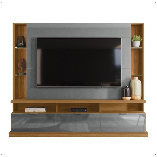 Estante Home 2,07m Organizador Sala TV Até 70Polegadas Iluminação Led Prateleiras de vidro 3PortasFreijó/Cinza -RPM