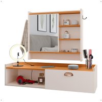 Kit Espelheira Prateleira Porta Itens Banheiro Rack Suspenso Puxador Concha Multiuso Sala Quarto Off White/Cinamomo-RPM