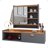 Kit Espelheira Prateleira Porta Itens Banheiro Rack Suspenso Multiuso Sala Quarto Cinza/Cinamomo-RPM