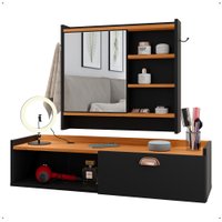 Kit Espelheira Prateleira Porta Itens Banheiro Rack Suspenso Puxador Concha Multiuso Sala Quarto Preto/Cinamomo - RPM