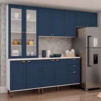 Cozinha Modulada Compacta 4 Peças com Cristaleira 100% Mdf Branco e Azul
