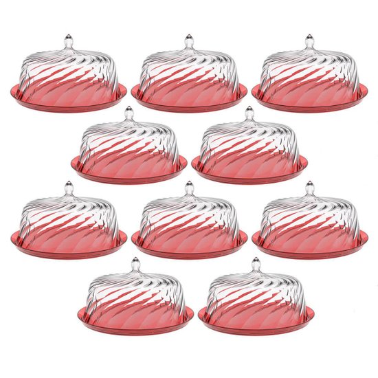 8 Porto Bolos com Cúpula 30cm Torta Doces Crippa Confeitaria Hotel Vermelho Transparente