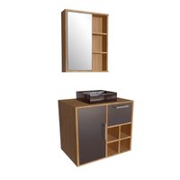 Gabinete Suspenso 68cm Eduarda Mel Grafite Cuba Preta Balcão 1 Porta 1 Gaveta E Espelheira De Banheiro