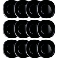 Kit Com12 Pratos Rasos 27cm Vidro Opalino Lyor Quadrado Carine Black Brilhante Mesa Posta
