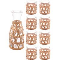 Kit Com 8 Copos Baixos 320ml Garrafa de Vidro 800ml Wolff Sisal Decorados para Mesa Posta Rústica