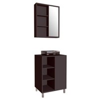 Gabinete 60cm Julia Grafite com Cuba Preta e Espelheira Balcão 1 Porta de Correr Armário De Banheiro