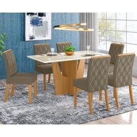 Conjunto Sala de Jantar Tampo MDF Canto Reto com Vidro 160 Cm 6 Cadeiras Andressa Henn Nature com Off White e Bege