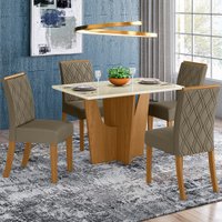 Conjunto Sala de Jantar Tampo MDF Canto Reto com Vidro 120 Cm 04 Cadeiras Andressa Henn Nature com Off White e Bege