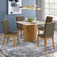 Conjunto Sala de Jantar Tampo MDF Canto Reto com Vidro 90 Cm 04 Cadeiras Valentina Henn Nature com Off White e Bege