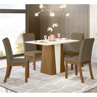 Conjunto Sala de Jantar Tampo MDF Canto Reto 120 Cm 04 Cadeiras Dulce Henn Nature com Off White e Bege