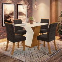 Conjunto Sala de Jantar Tampo MDF com Vidro Canto Reto 120 Cm 4 Cadeiras Juanita Casa 812 Off White com Nature e Marrom