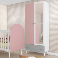 Guarda Roupa 100% MDF com espelho, 2 portas e 1 gaveta Doçura Multimóveis Bco/Cza/Ros