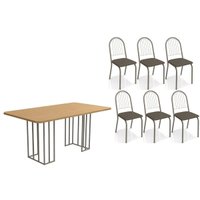 Sala de Jantar Completa Duina c/ Tampo de Madeira 160cm e 6 Cadeiras Noruega Niquel/Freijo - Courano Marrom - Kappesberg