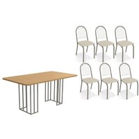 Sala de Jantar Completa Duina c/ Tampo de Madeira 160cm e 6 Cadeiras Noruega Niquel/Freijo - Courano Bege - Kappesberg