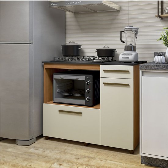 Balcão de Cozinha para Cooktop Áustria 4 bocas 2 Portas Kaiki Móveis NATURE/OFF WHITE