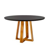 Mesa de Jantar Redonda Natalle 120cm Madeira Maciça e Tampo Com Vidro Preto Stellar
