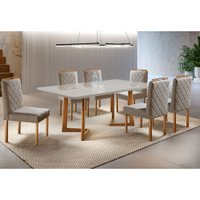 Conjunto Sala de Jantar 6 Lugares Veneza Madeira Maci&ccedil;a Mesa e Cadeiras Linho Areia M&oacute;veis Mundial