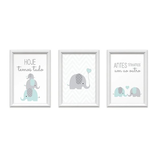 Kit 3 Quadros Decorativos Meu Rodapé Elefantes 24x34