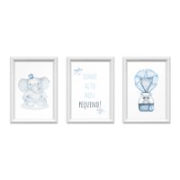 Kit 3 Quadros Decorativos Meu Rodapé Sonhe Alto Elefante e Balão Azul 24x34