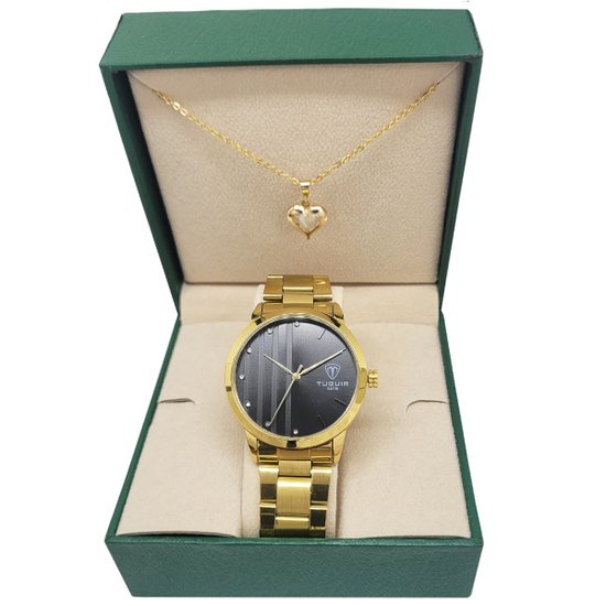 Kit Relógio Feminino Tuguir Analógico TG35094 TG226 Dourado e Preto com Brinde