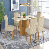 Mesa de Jantar 6 Lugares Vértice/Vita com Vidro Nature/Off White/Linho - Henn