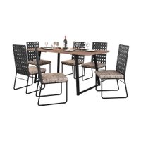 Conjunto de Mesa Retangular com Tampo de MDP Marrom Claro Atlanta e 6 Cadeiras Tróia Revestimento Sintético Bege e Preto