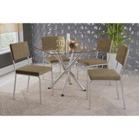 Sala de Jantar Completa Volga c/ Tampo de Vidro 90cm e 4 Cadeiras Zaria Cromada - Suede Bege - Kappesberg