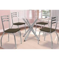 Sala de Jantar Completa Volga c/ Tampo de Vidro 95cm e 4 Cadeiras Portugal Cromada - Marrom - Kappesberg